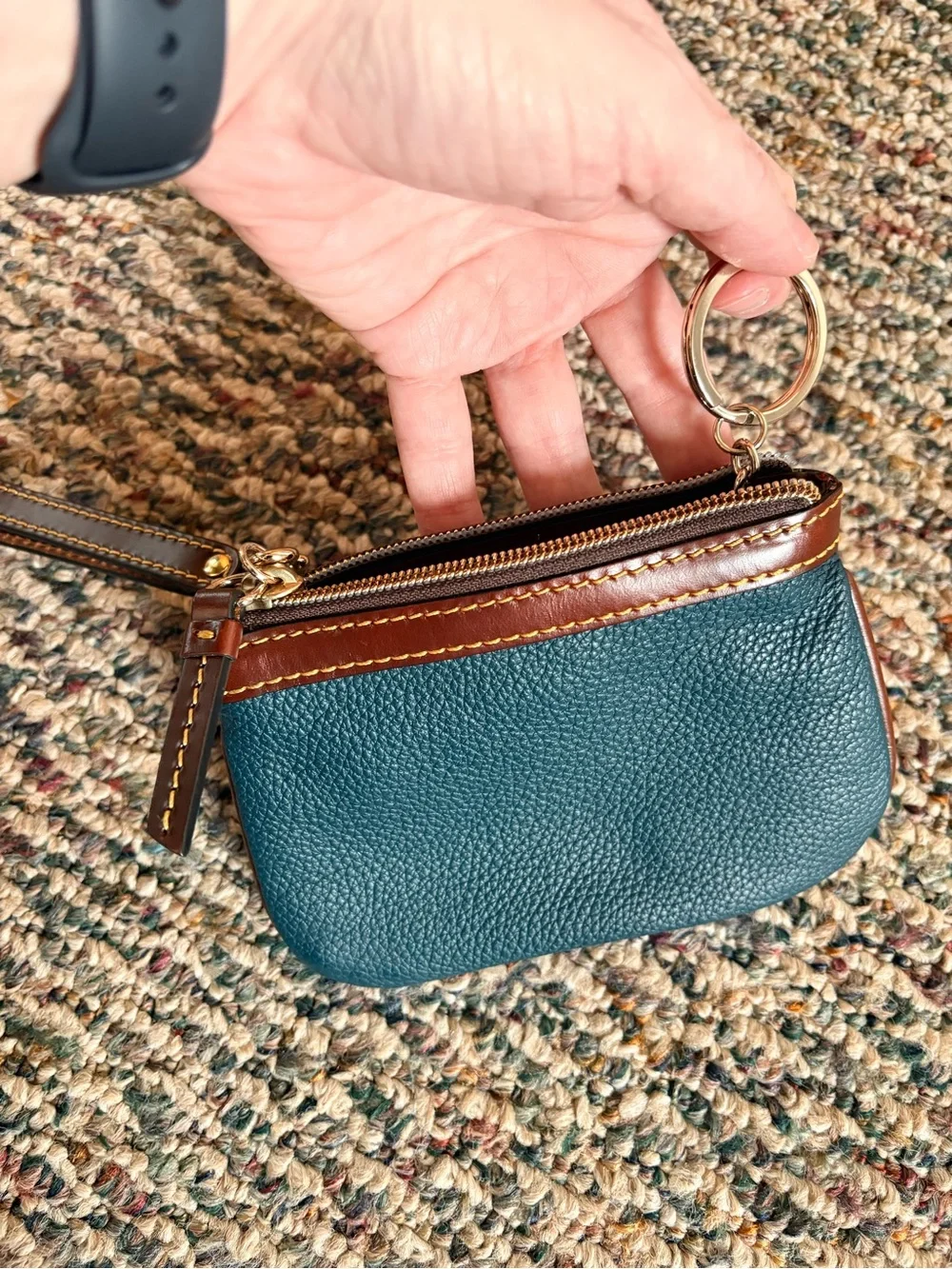 Dooney & Bourke Navy Blue Leather Wristlet with Brown Trim